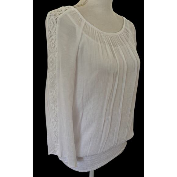 JM Collection White Pullover Blouse Elastic Length Crew Neck Women Size M - Picture 3 of 8